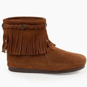Minnetonka Brown High Top Back Zip Moccasin Boots with Fringe and Conchos
